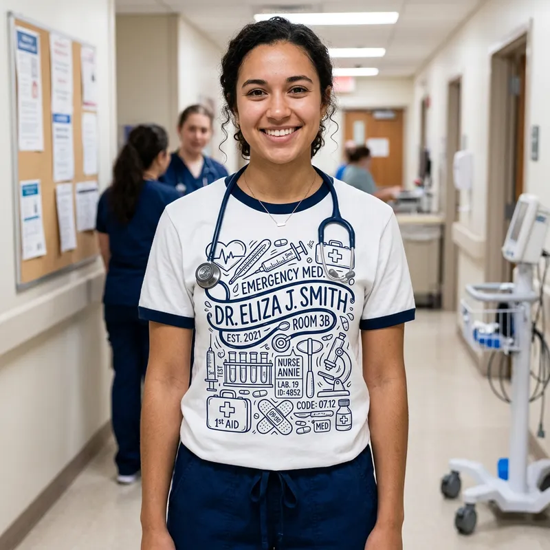 White & Dark Blue Medical Tools Doodle T-Shirt - Names, Numbers White & Dark Blue Medical Tools Doodle T-Shirt - Names, Numbers