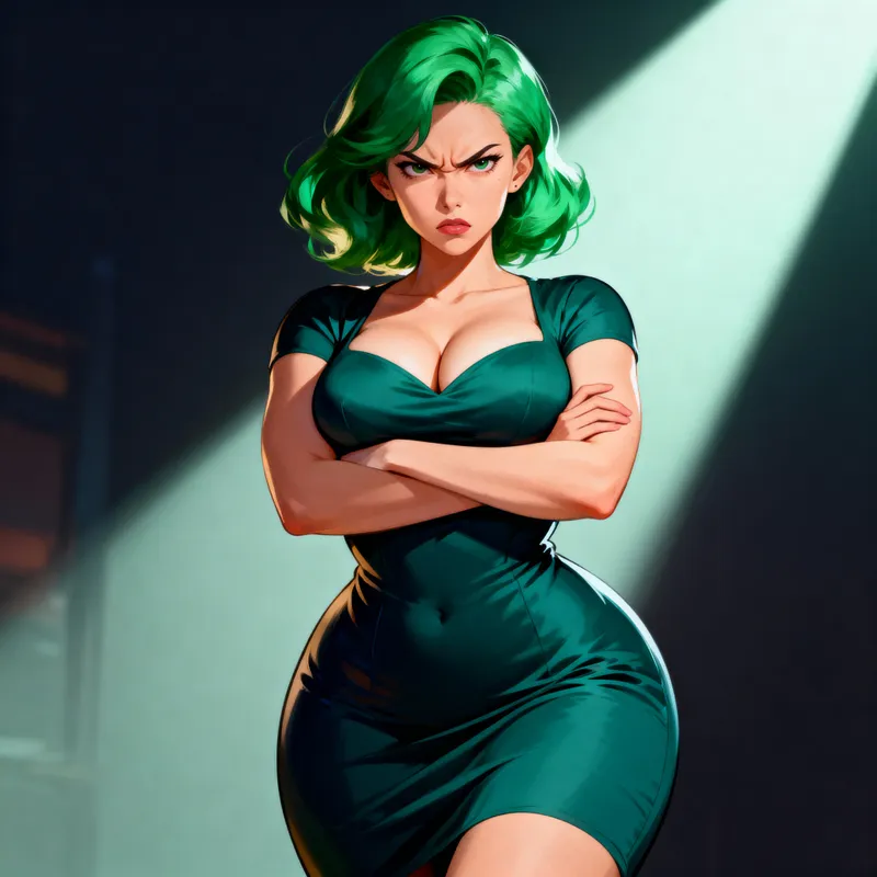 Angry Girl with Green Hair in Stylish Dress