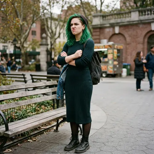 Angry Girl with Green Hair in Stylish Dress