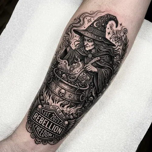 Intriguing Witch Tattoo Design with Skeleton Pot & Harley Emblem