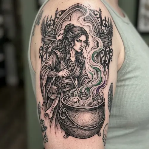 Beautiful Witch Stirring Cauldron with Harley Davidson Bar Design