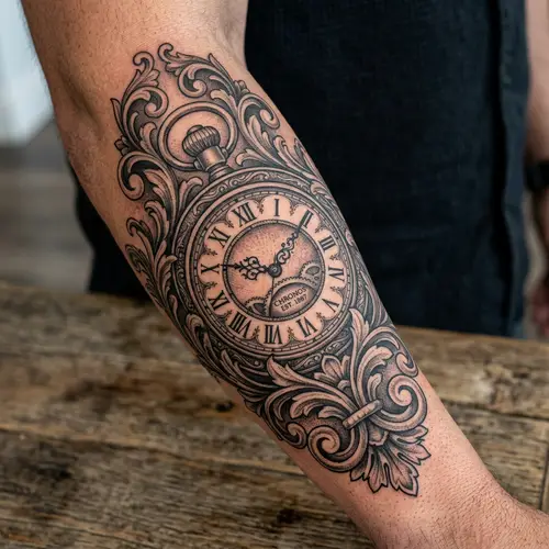Intricately Designed Timepiece Tattoo with Baroque Elements