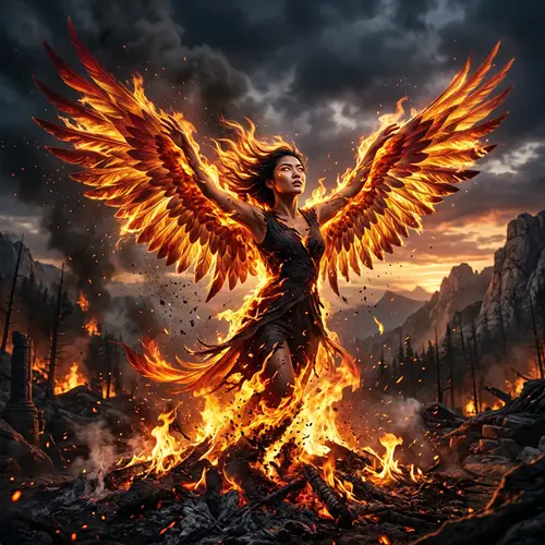 Asian Woman Transforms into Majestic Phoenix - Rebirth & Resilience