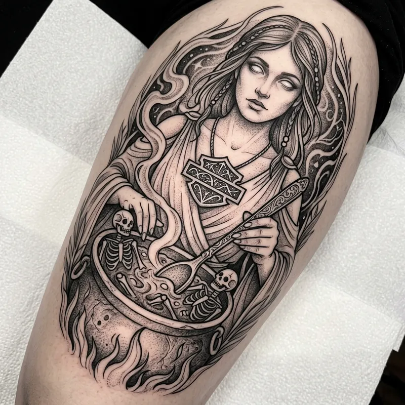 Unique Goddess Tattoo: Stirring Skeletons & Shield Necklace