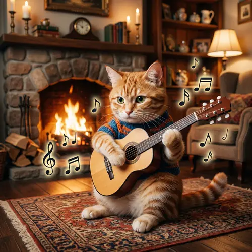 Cute Feline Strumming Acoustic Guitar | Cozy Room Setting