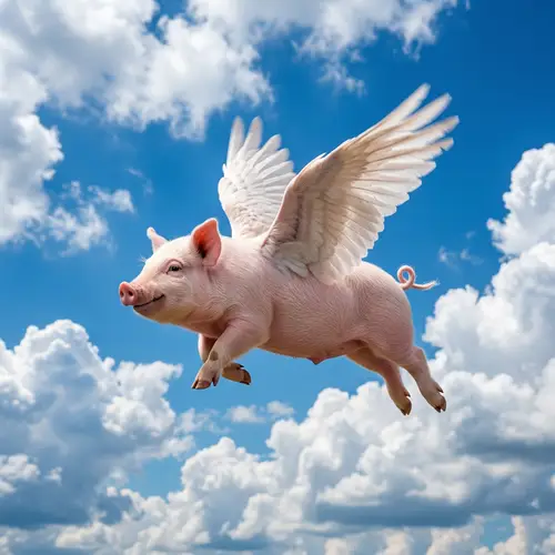 Flying Pig with Wings in Blue Sky