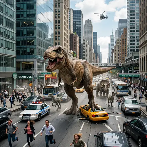 Dinosaurs Roaming a Modern City