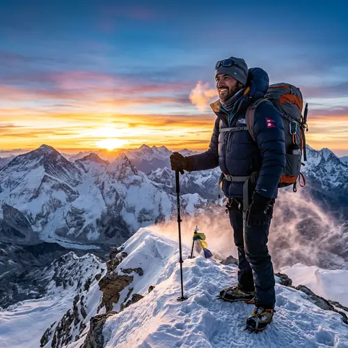 Triumphant South Asian Man Conquers Snowy Mountain Peak