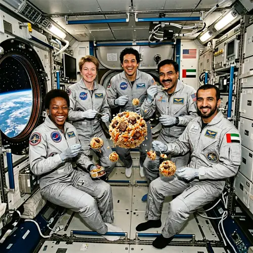 Multicultural Astronauts Enjoying Uzbek Plov in Space Station