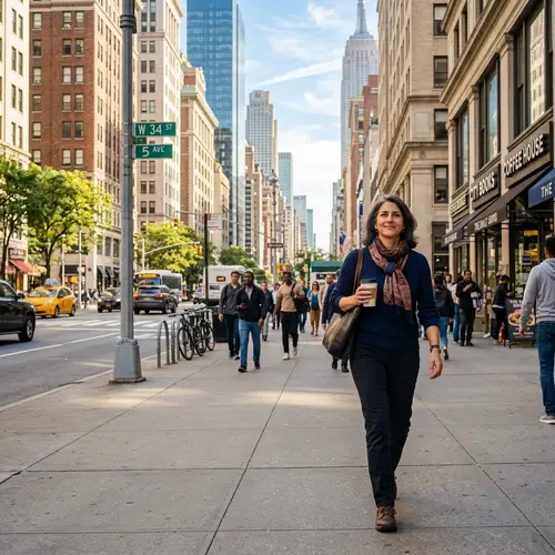 Middle-Aged Woman Walking Urban Street - Engaging Urban Scene