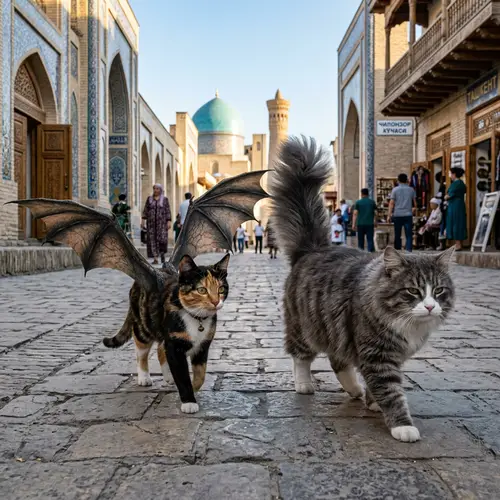 Tricolor Cat with Dragon Wings in Tashkent | Fluffy Tail Grey Cat
