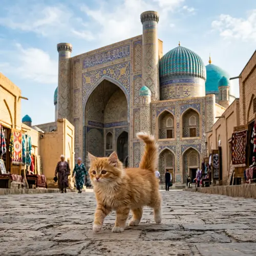 Cute Cat Walking in Uzbekistan with Mosque Background