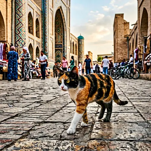 Tricolored Cat Walking in Tashkent | Realistic Photo