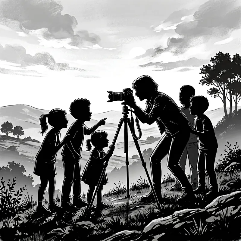 Black and White Silhouette of Female Photographer with Children