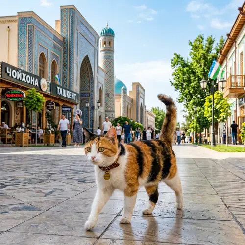 Adorable Tricolor Cat Walking in Tashkent