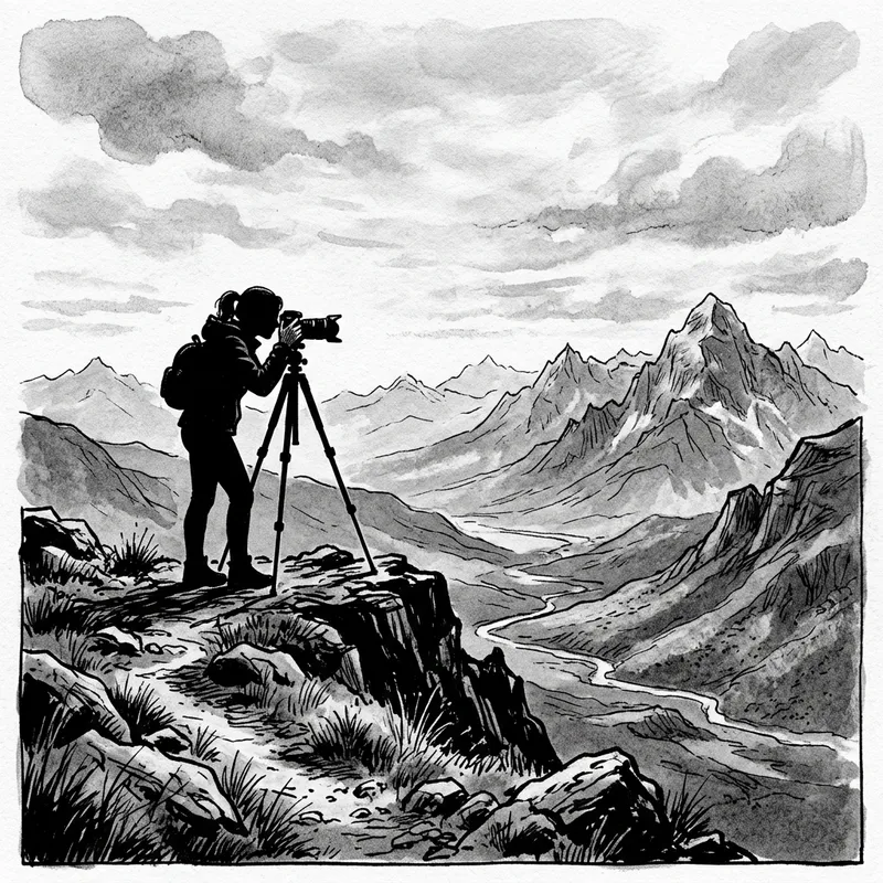 Black and White Female Photographer Silhouette with Camera and Tripod