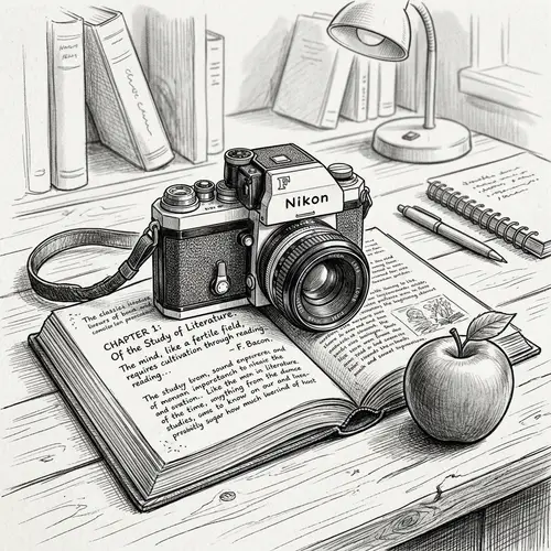 Education and Photography: Camera on Open Book with Apple