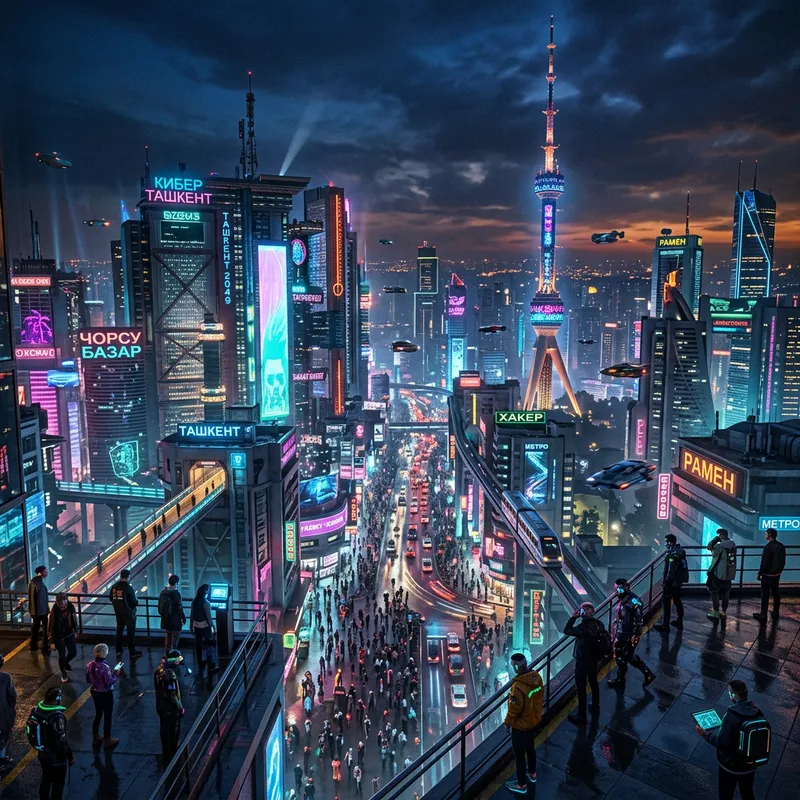 Neon Cyberpunk Cityscape of Tashkent at Dusk