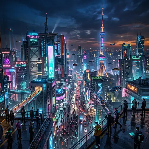 Futuristic Tashkent City at Dusk: Cyberpunk Urban Dystopia