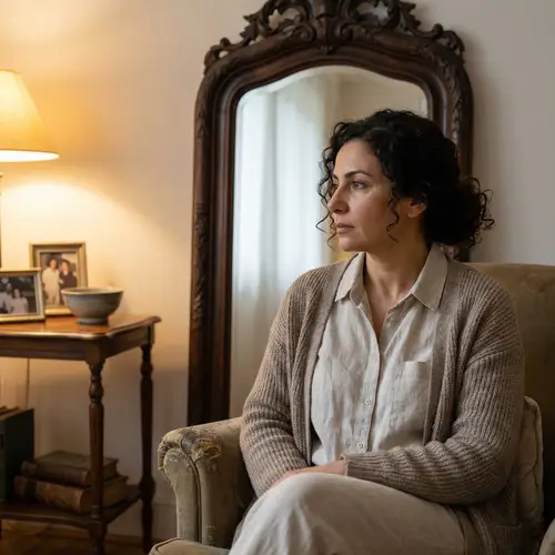 Middle-Eastern Woman Aged 44 Sitting in Front of a Beautifully Carved Wooden Mirror