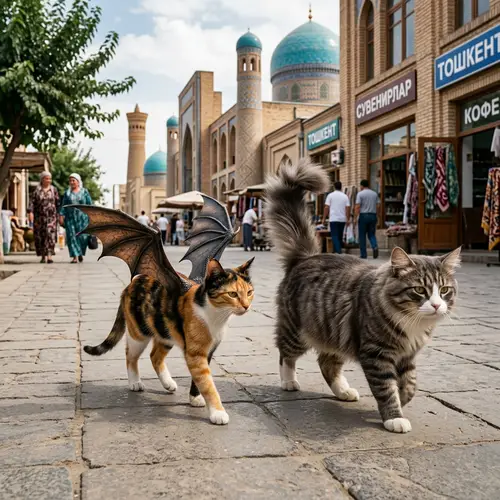 Slender Three-Colored Cat with Dragon Wings in Tashkent