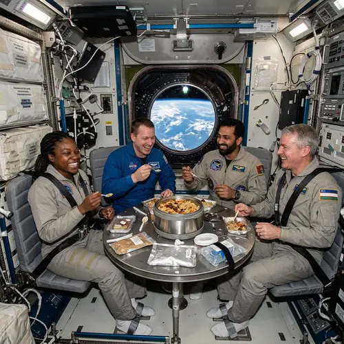Zero Gravity Dining Experience: Astronauts Enjoying Uzbek Plov in Space