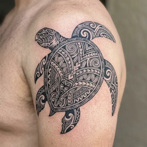 Polynesian Style Turtle Tattoo Design - Black & White
