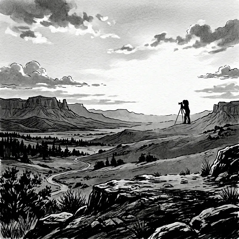 Black and White Silhouette Drawing of Female Photographer with Camera and Tripod