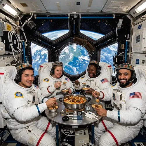 Astronauts Enjoying Traditional Uzbek Plov on International Space Station