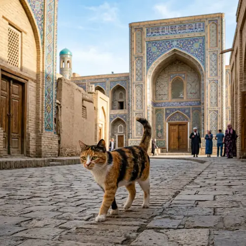Three-Colored Street Cat Walking in Tashkent | Cute Cat Image