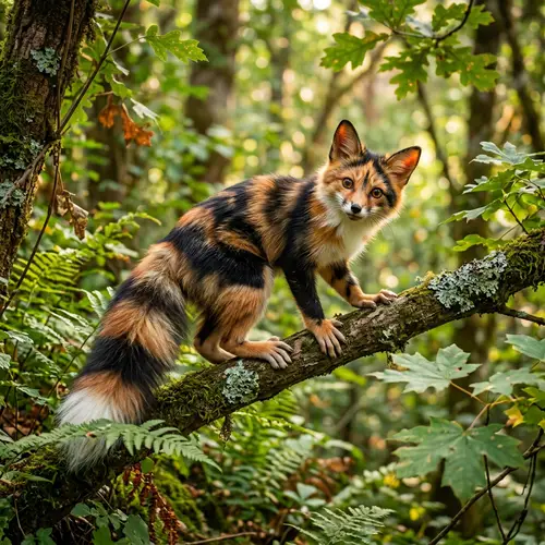 Mystical Tricolor Cat-Monkey-Fox Hybrid in Vibrant Forest
