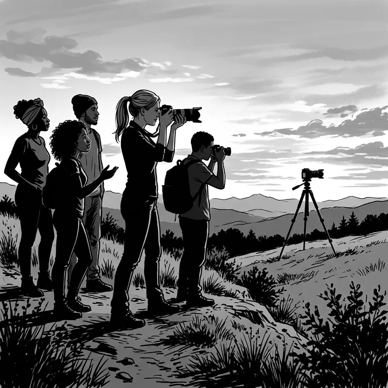 Silhouette of Female Photographer and Students Capturing Moment