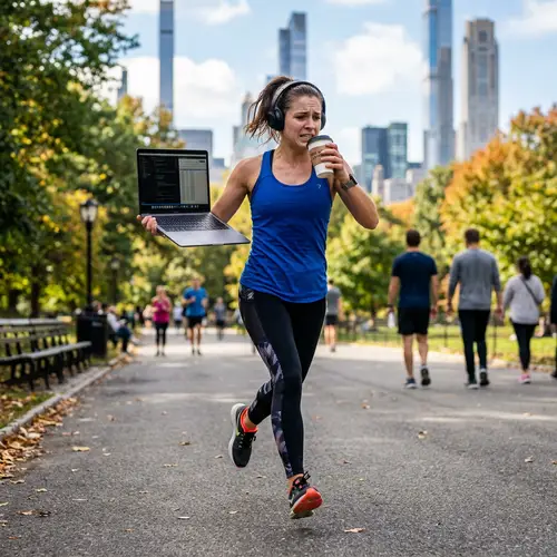 Multitasking Woman Jogging in City Park