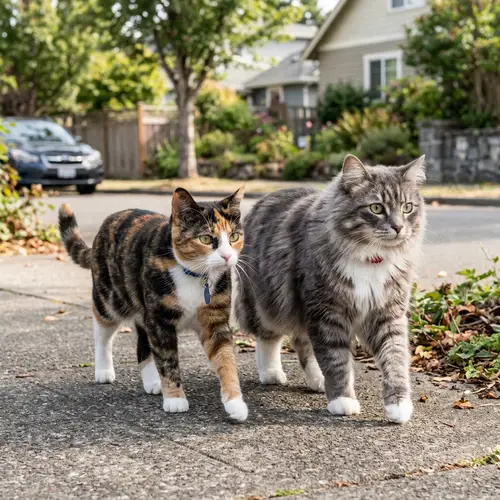 Tricolor and Gray Cats Walking Together on the Street