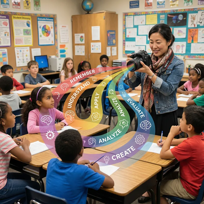 English Teacher Taking Photo with Blooms Taxonomy in Multicultural Classroom