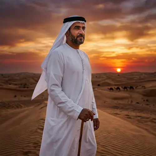 Arabian Man Poised Against a Sunset in Traditional Garb