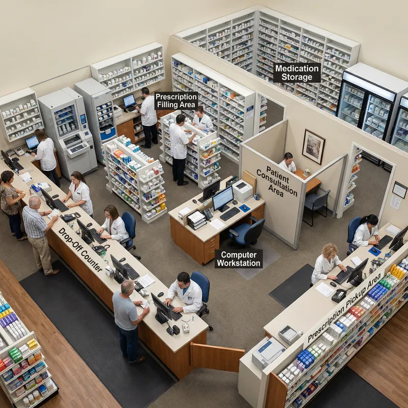 Top View of Fully Equipped Pharmacy: Specific Areas Revealed