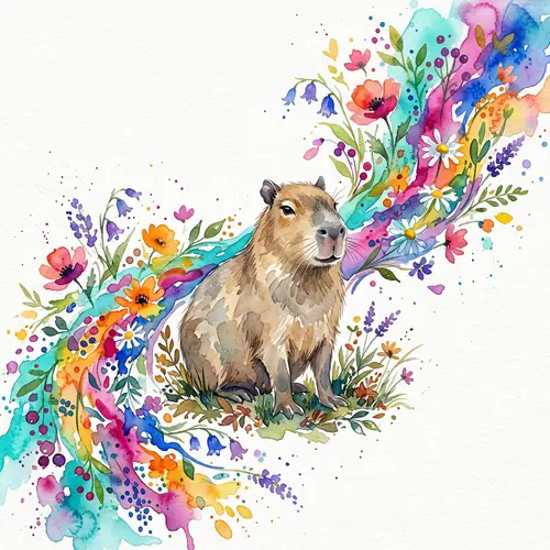 Vibrant Watercolor Capybara with Wild Flowers | Artistic Scene