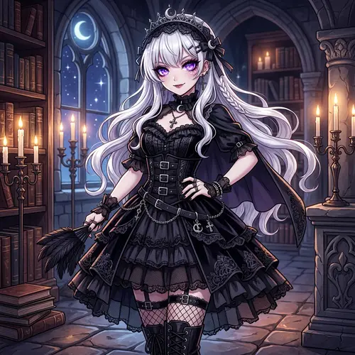 Anime-Style Female Character with Long White Hair and Purple Eyes