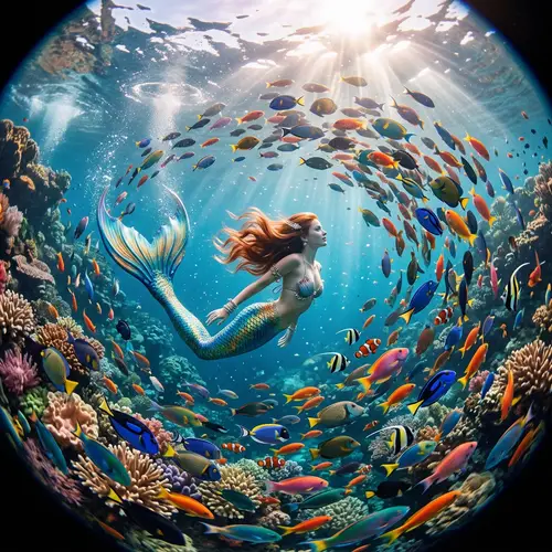 Surreal Underwater Photograph with Mermaid and Tropical Fish