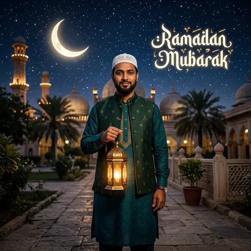 Muslim Man under Starry Sky with Lantern - Ramadan Mubarak