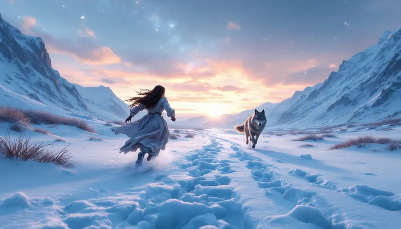 Medieval Girl and Wolf in a Serene Snowy Landscape Medieval Girl and Wolf in a Serene Snowy Landscape
