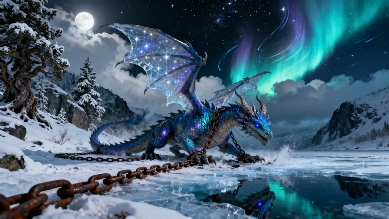Dramatic Dragon Struggle Under Moonlit Chains