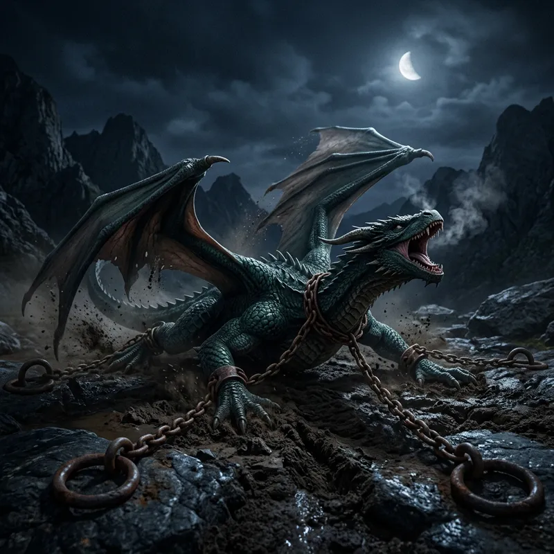 Dramatic Dragon Struggle Under Moonlit Chains