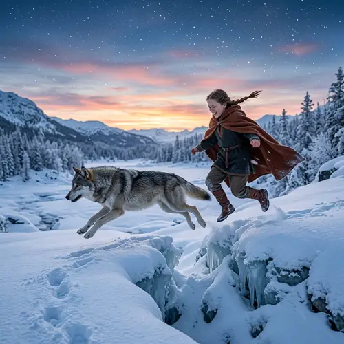 Medieval Girl and Wolf in a Serene Snowy Landscape