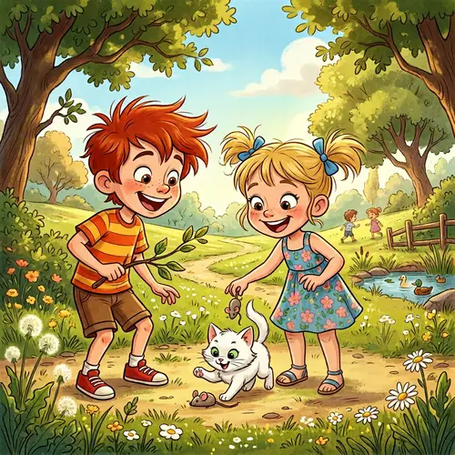 Playful Red-Haired Boy & Blonde Girl with Kitten