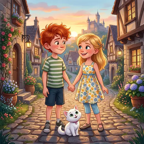 Red-Haired Boy & Blonde Girl in Love with Kitten