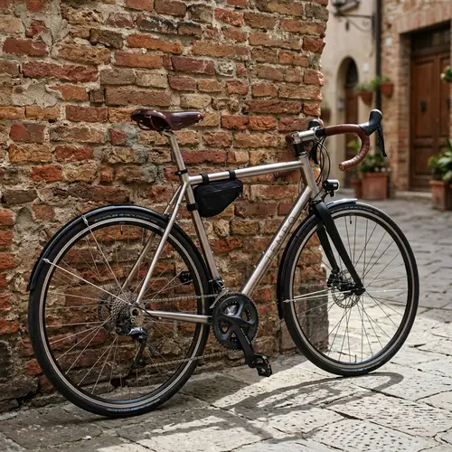 Sleek Metallic Silver Bike against Rustic Brick Wall