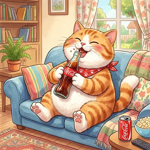 Cartoon Cat Drinking Coca-Cola