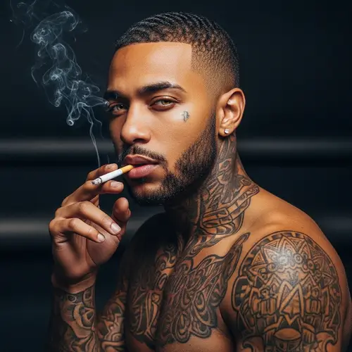 Mysterious Afro-American Man with Tattoos and Charisma